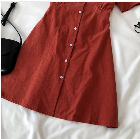 Fashionable V-Neck Button-Up Tie-Waist Short Dress