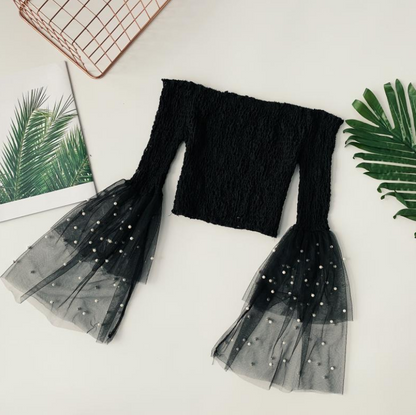 One-Shoulder Mesh Top with Beaded Bell Sleeves