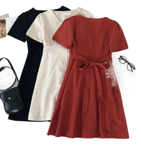 Fashionable V-Neck Button-Up Tie-Waist Short Dress